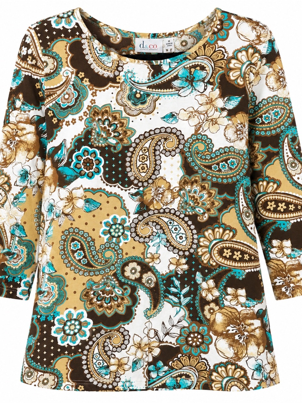 Denim & Co. Women’s 1X Top Brown Blue Paisley Floral Print 3/4 Sleeve Blouse